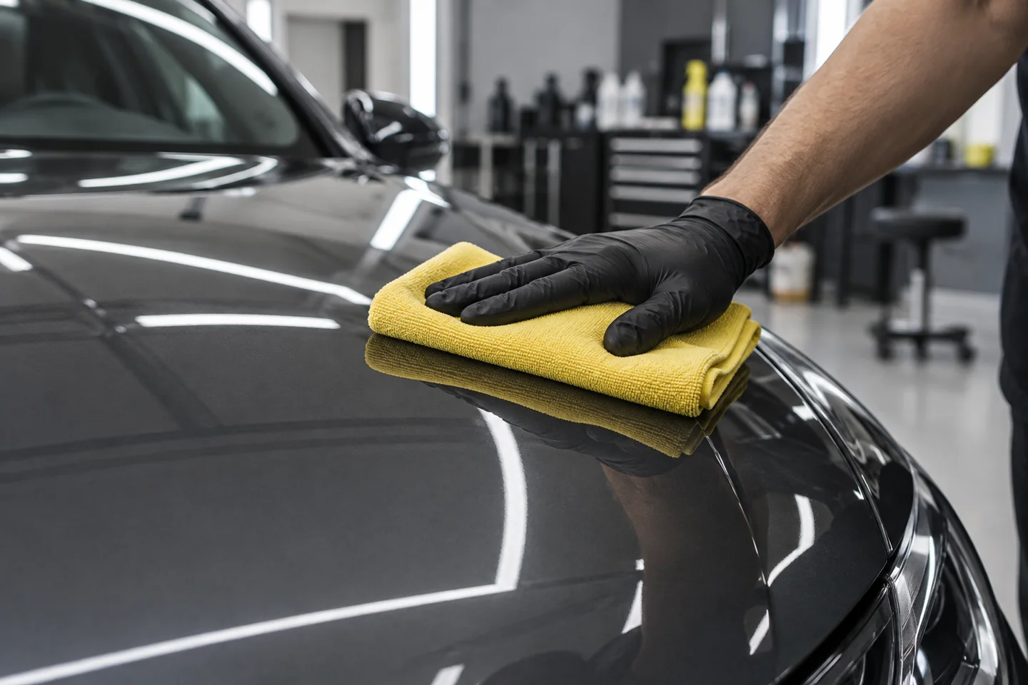 Illustrative vehicle detailing with a microfiber cloth