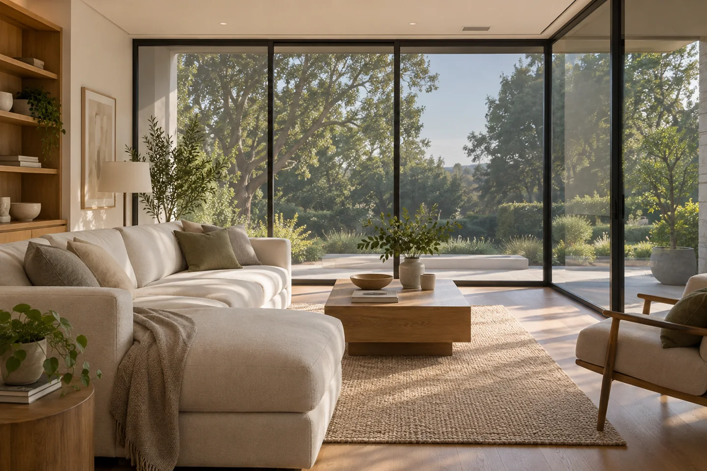 Illustrative living room with broad solar-control windows